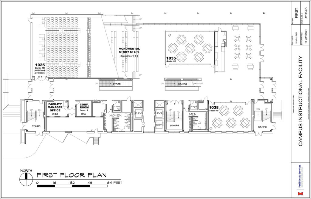 Level 1 floor plan showing extra large classroom, Monumental Study Steps, Coffee Shop, and smaller classrooms