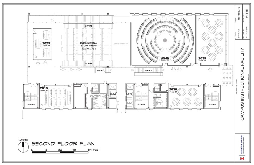 Level 2 floor plan showing the Classroom in the Round and other classroom and study spaces.